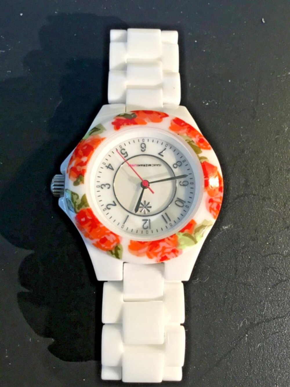 Isaac Mizrahi watch orange/red ceramic links floral bezel silvertone new battery - Picture 10 of 10